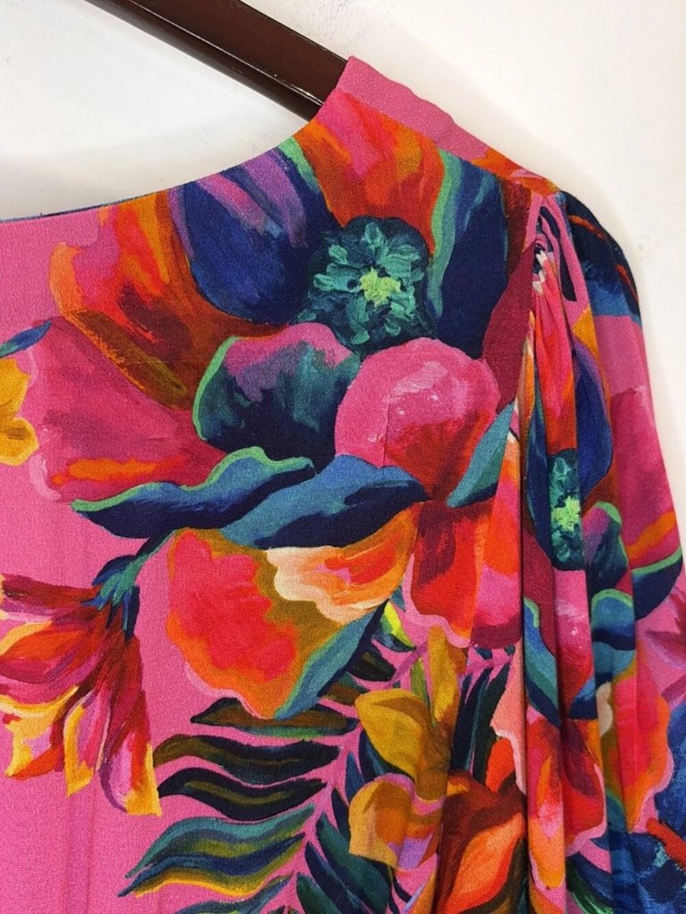 Farm Rio Anthropologie Midi Dress S Long Sleeve Floral Boho Tropical Pink Resort - Picture 13 of 16